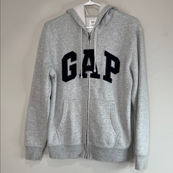 GAP Heritage Logo Light Heather Grey Zip Hoodie Black Logo Pockets Hood Size S - Picture 2 of 12